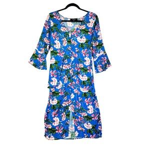 Lulus Dress women's M Ruffle Sleeve Midi Rayon Blue Pink Green Tropical Aloha